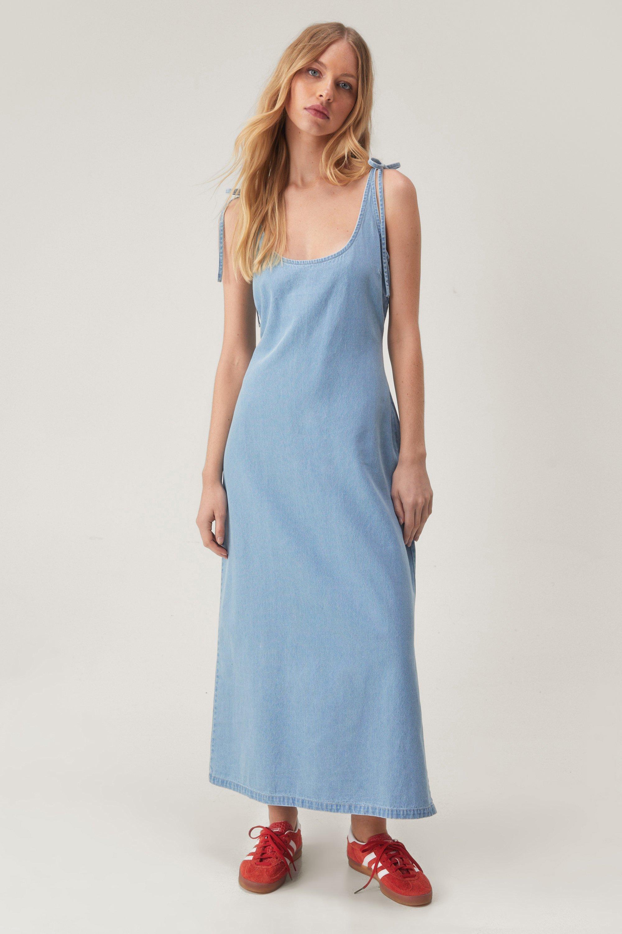 Chambray Tie Shoulder Maxi Dress